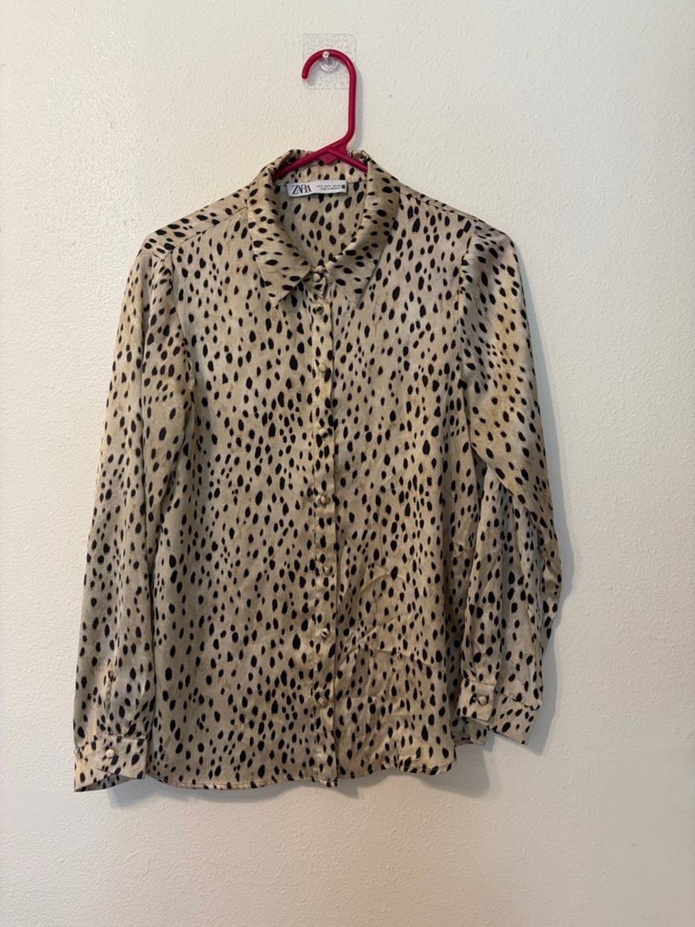Zara Beige and Black Animal-Print Button-Down Top
